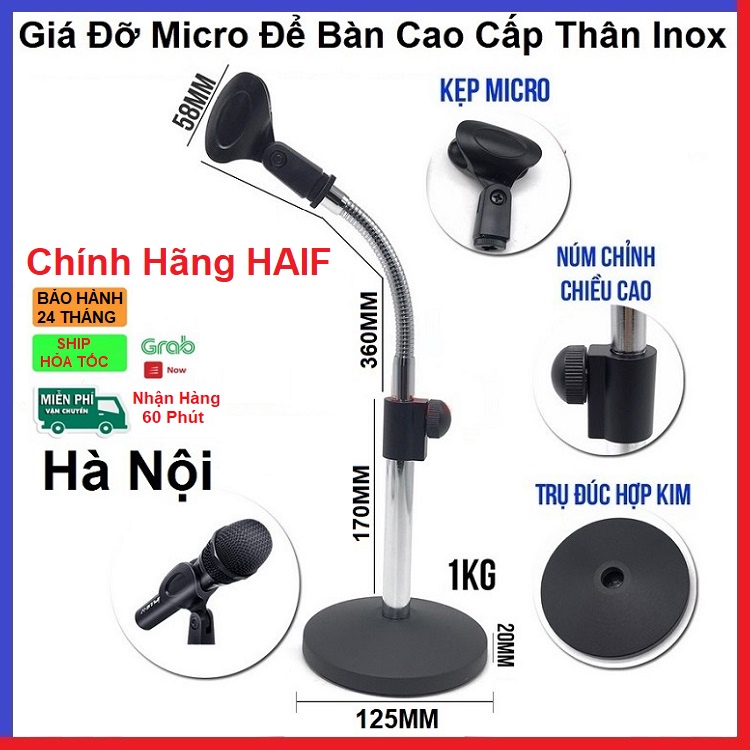 Chân Gắn Micro Để Bàn, Thân Inox, Đế Gang Chính Hãng HAIF, Cổ Uốn Dẻo, Cao Từ 25cm Đế 50cm Chắc Chắn - Lắp Các Loại Mic