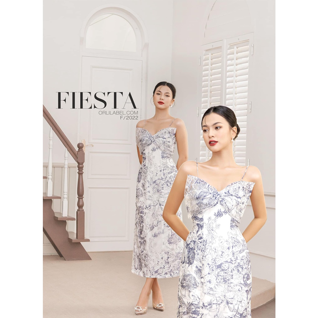 Đầm hai dây nơ tơ hoa xanh - Blue Floral Dress