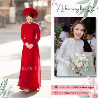 Áo dài ăn hỏi màu đỏ, màu trắng chất liệu lụa gấm hoa văn đính hạt viền cổ, viền tà và tay-Áo Dài Trang Hải