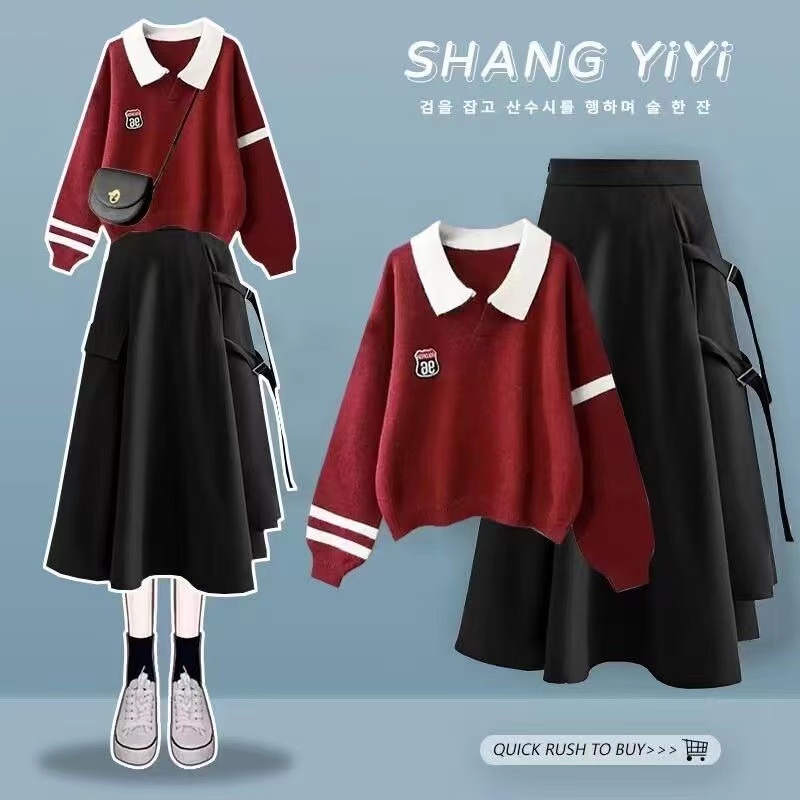 Set Áo Thun polo Dài Tay + Chân Váy Xòe Thời Trang Hàn Cho Nữ