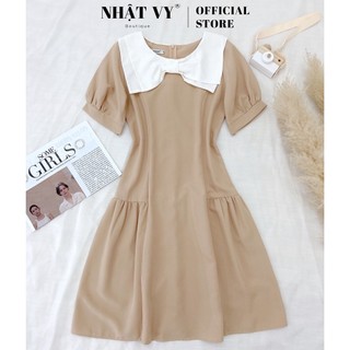 Đầm Nữ NHẬT VY Chiết Eo Cổ Phối Nơ Trắng Tay Phồng Chất Kaki Thun Công Sở Dáng Xòe Màu Đen, Cam Đất, Nude - D2073
