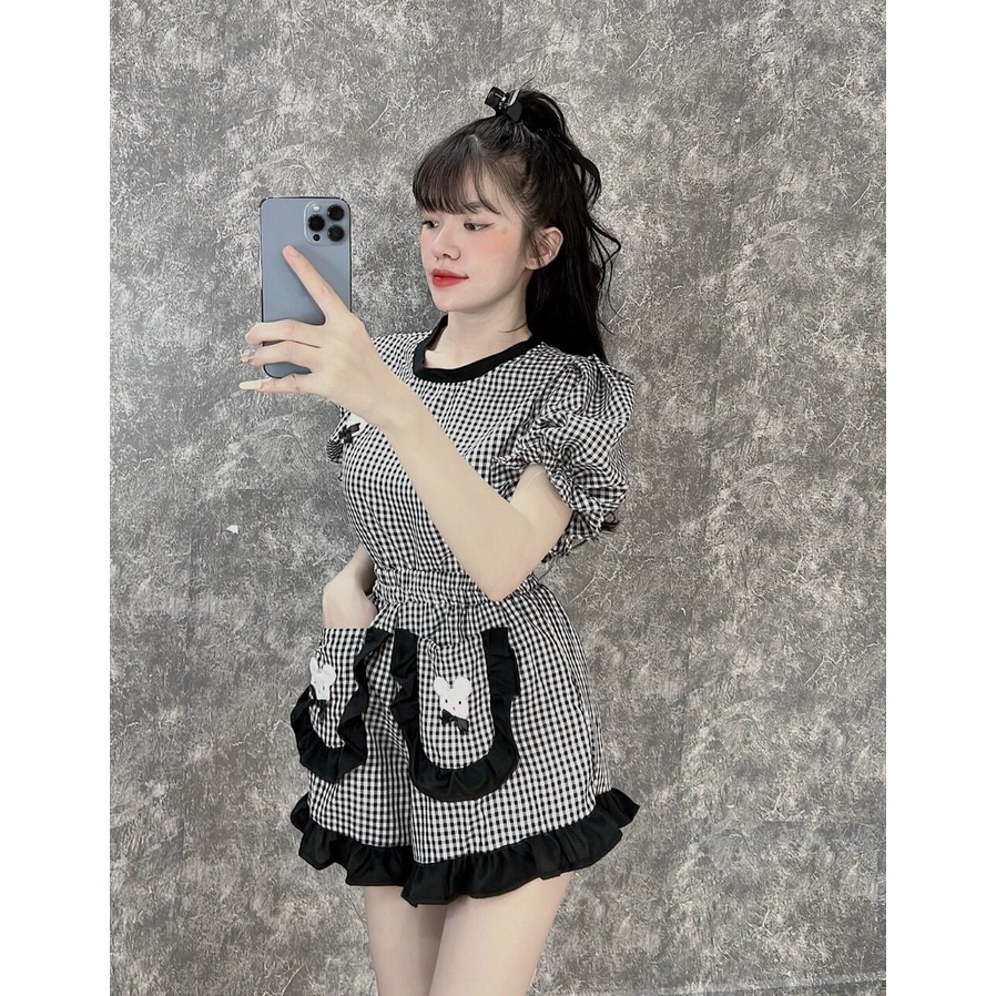 (FreeShip 2022) Sét bộ đùi caro đính nơ,bộ tay phồng phối bèo có túi dễ thương,chất đẹp tone màu tôn da dễ mặc