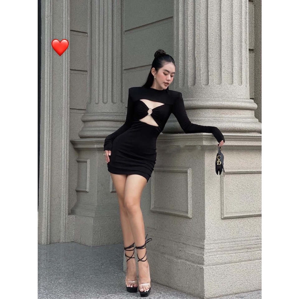 Đầm tay dài cổ tròn khoen ngực khoét trên dưới dáng ngắn sexy , chất thun gân mềm mịn