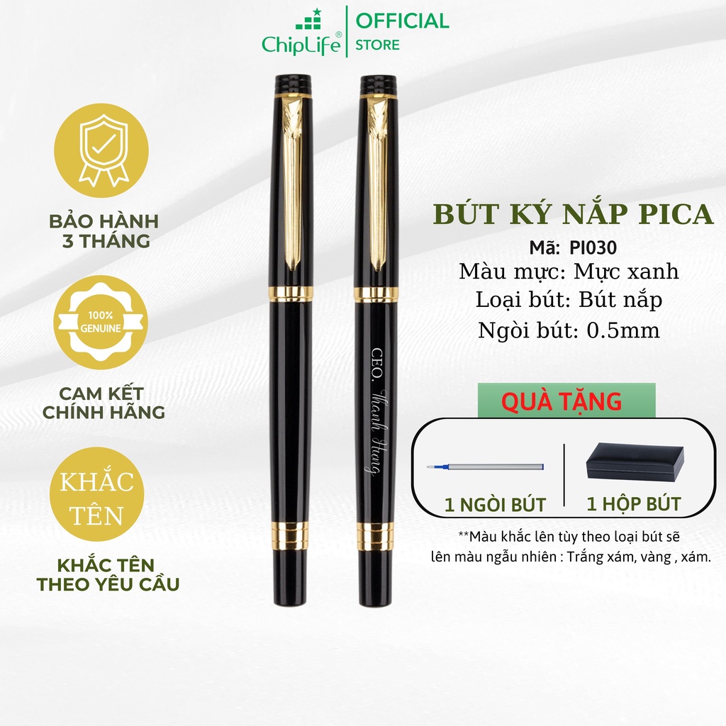 Bút kim loại khắc tên PICA CHIPLIFE PI030 - Đen viền vàng ngòi 0.5mm mực xanh
