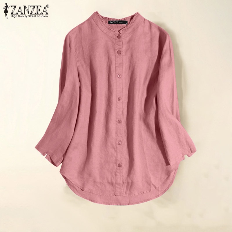 Áo sơ mi ZANZEA tay dài cổ tròn màu trơn thời trang thanh lịch cho nữ