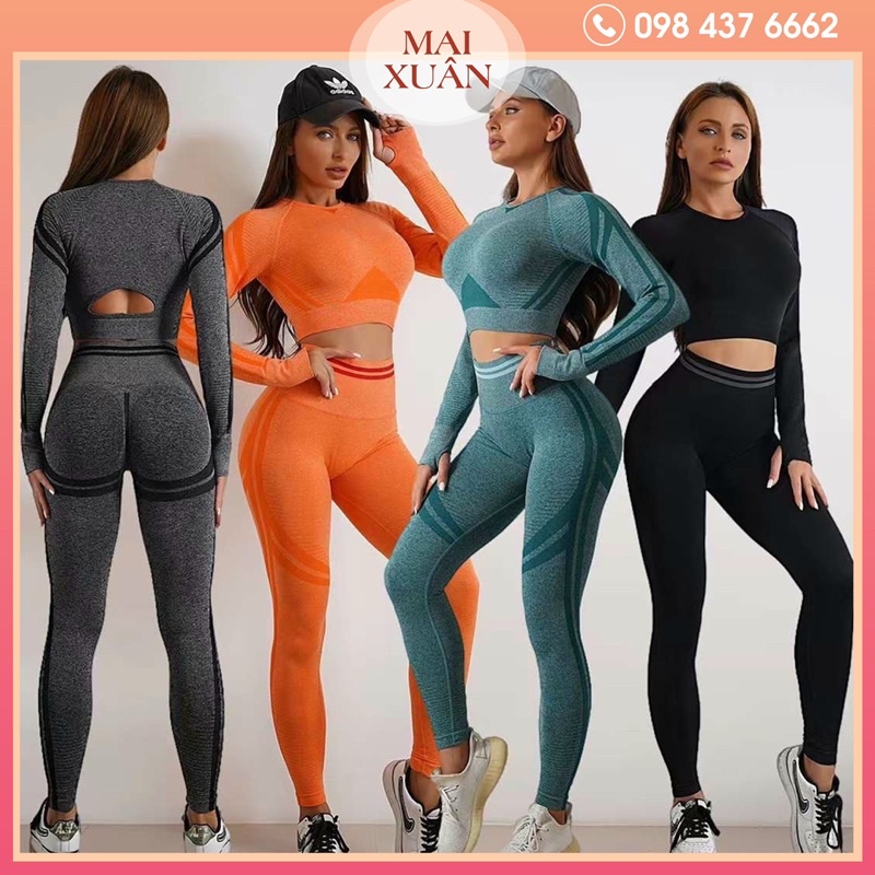 Set bộ đô tập gym yoga nữ thể thao gồm áo croptop dài tay và quần legging chất dệt kim-Kho Sỉ Mai Xuân
