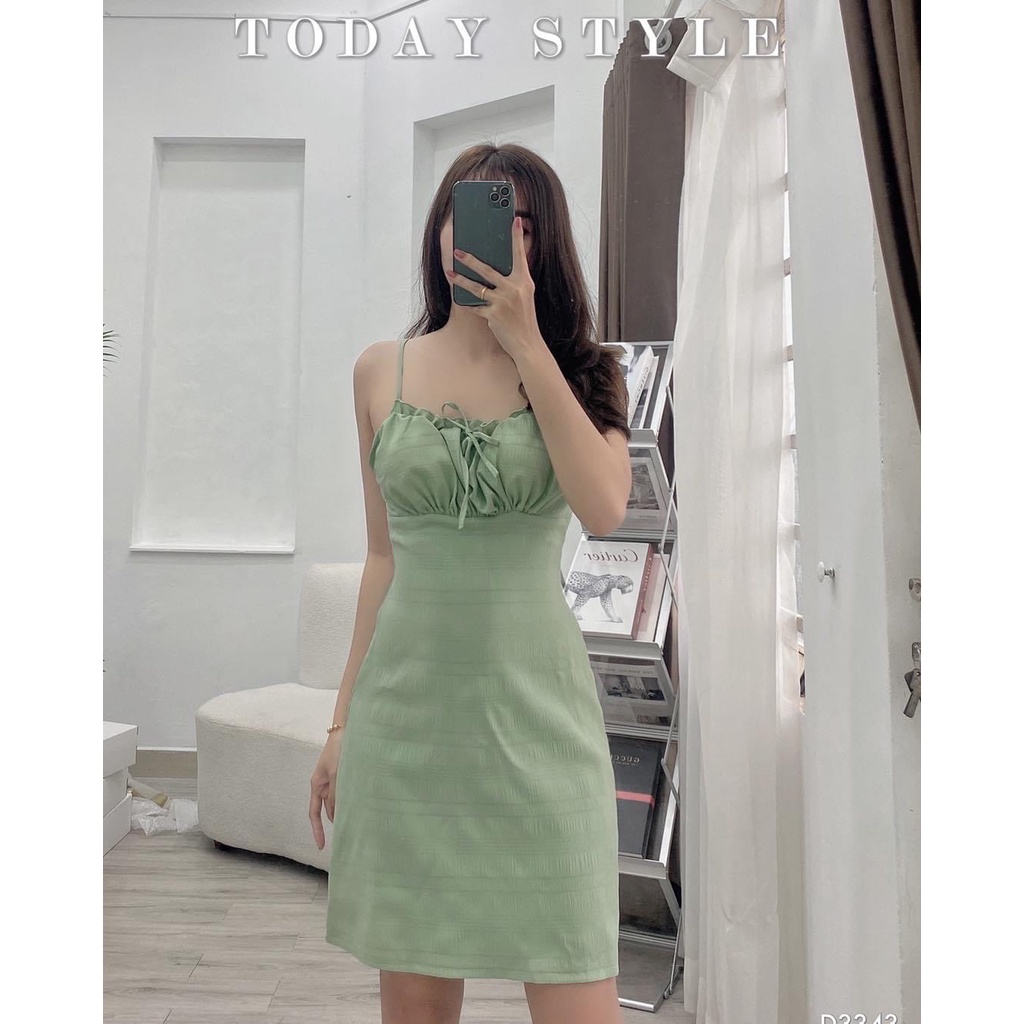 Váy 2 dây hở lưng ôm body  khóa kéo lưng 2 lớp xanh