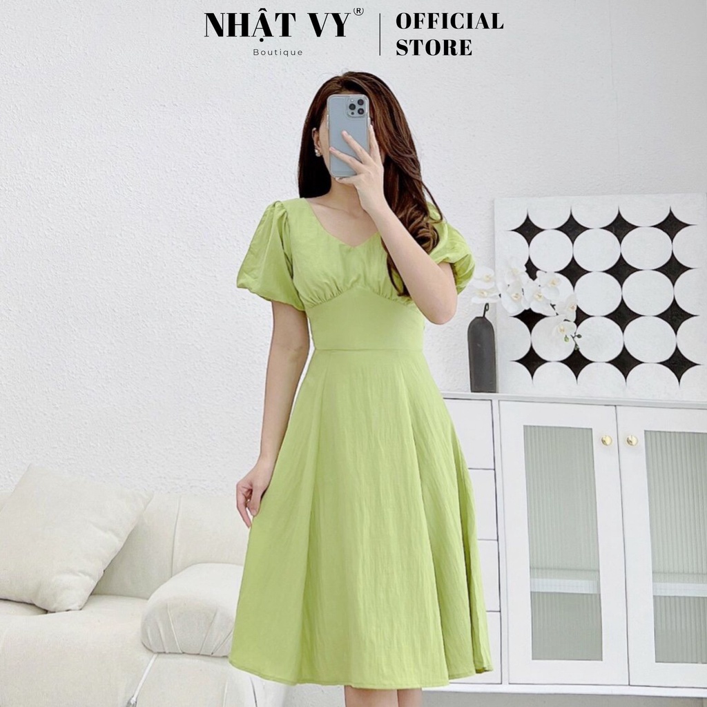 Đầm đi chơi Nhật Vy cổ tim tay phồng nhún ngực dáng xoè chất linen phù hợp công sở dạo phố sang chảnh - D2370