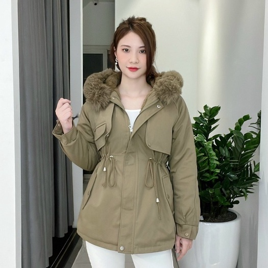 Áo khoác nữ Parka Kaki trần lông siêu ấm đại hàn lót lông lông mũ tháo rời tiện lợi thiết ngắn Eva Fashion 818