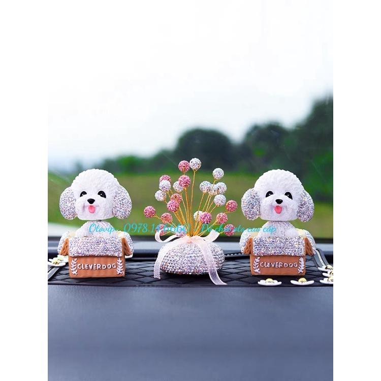 Mô hình chú cún Clever Dog trang trí xe ô tô, đầu lắc lư dễ thương gắn pha lê sang chảnh