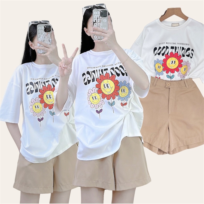 [Sẵn] Set áo thun trắng in hình form rộng + quần short nude cá tính