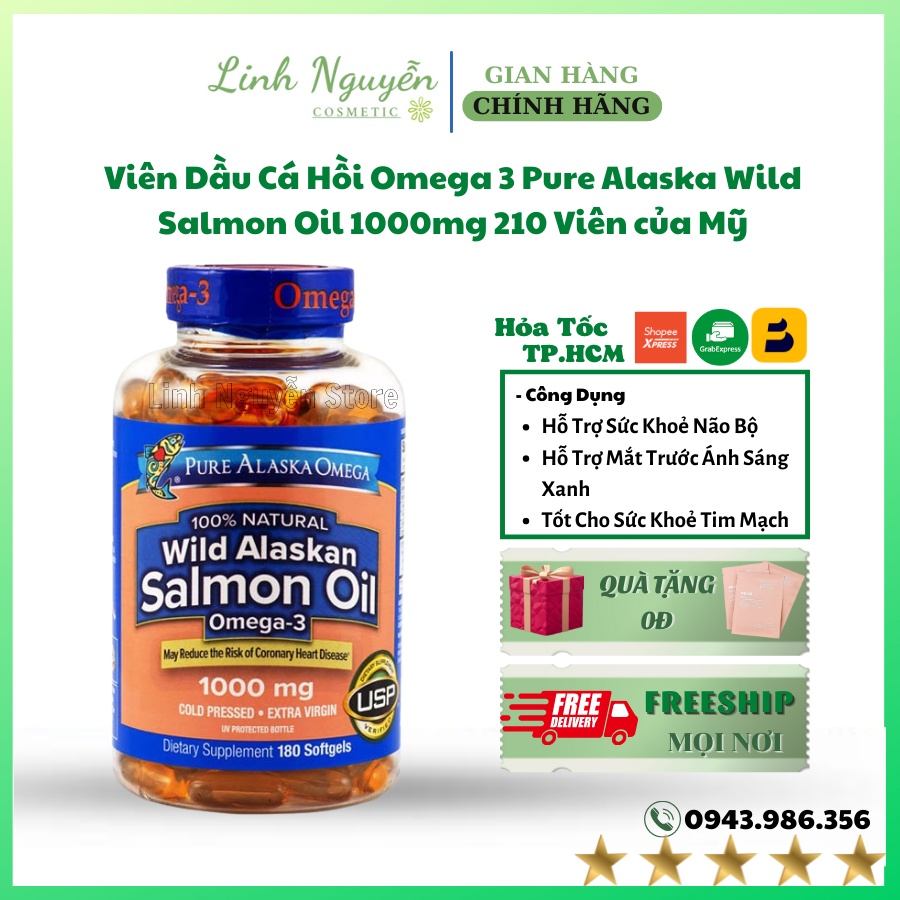 Viên Dầu Cá Hồi Omega 3 Pure Alaska Wild Salmon Oil Bổ Mắt Tăng Cường Não Bộ Hỗ Trợ Tim 1000mg 210 Viên của Mỹ