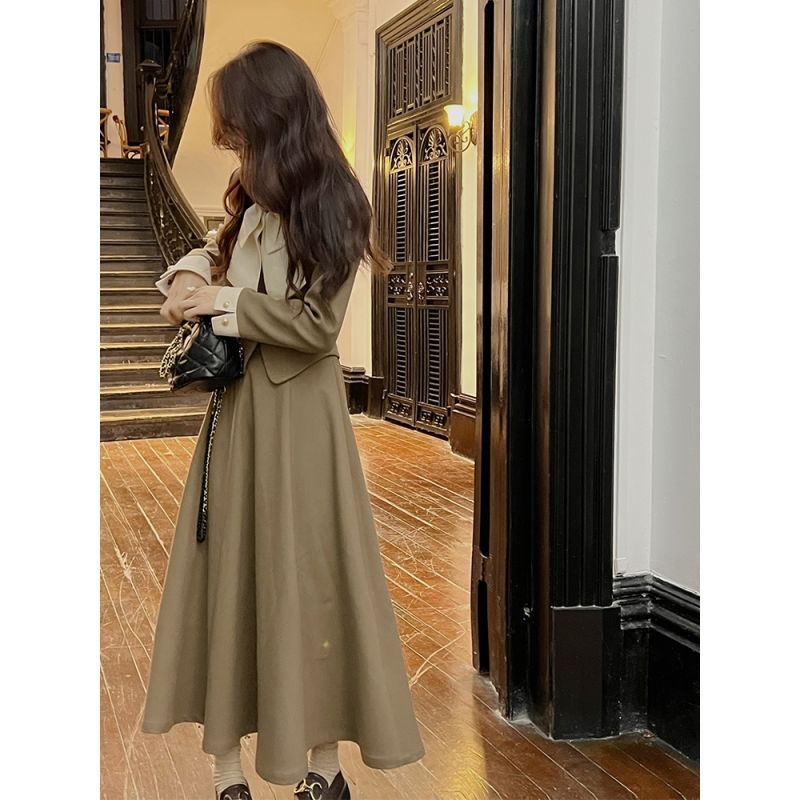 Set váy midi màu nâu cổ dây nơ to - phong cách tiểu thư công sở