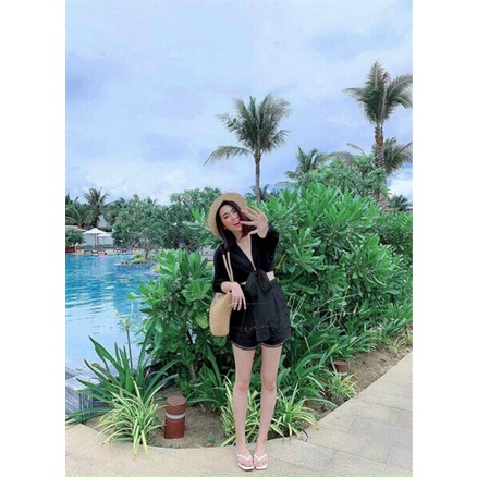 (FreeShip 2022) Sét bộ nữ hàng thiết kế,áo sơ mi croptop cột nơ mix quần có túi,tone đen tôn da lên from xinh xĩu