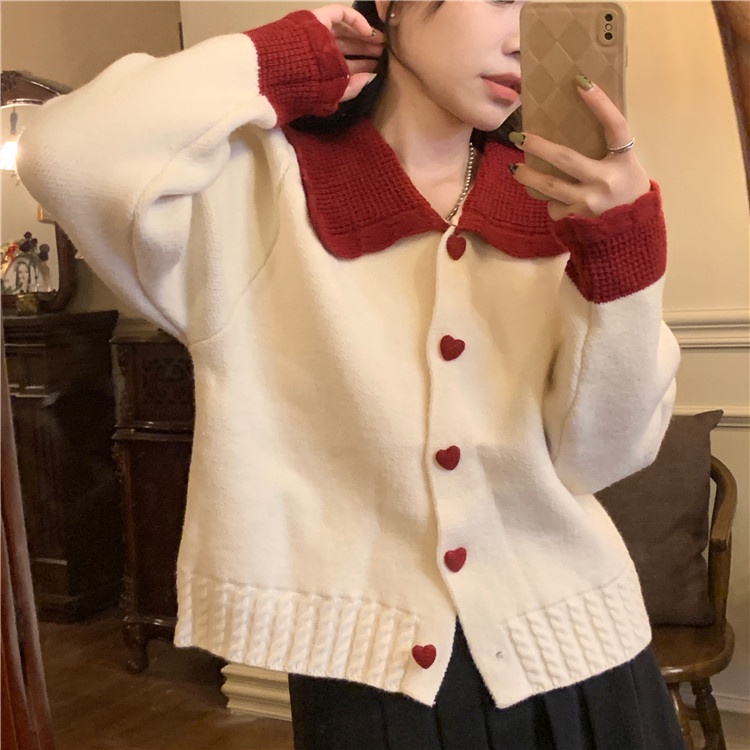 SUXI Áo Khoác Cardigan Dệt Kim Tay Dài Dáng Rộng Cổ Búp Bê Màu Sắc Tương Phản Phong Cách Vintage Dành Cho Nữ