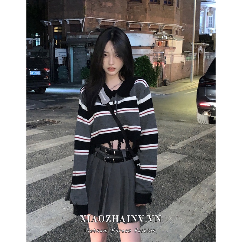Áo thun XIAOZHAINV dáng ngắn tay dài kẻ sọc ngang thời trang cho nữ | BigBuy360 - bigbuy360.vn