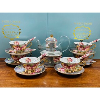 Bộ ấm trà kèm chân đun hoa hồng vintage