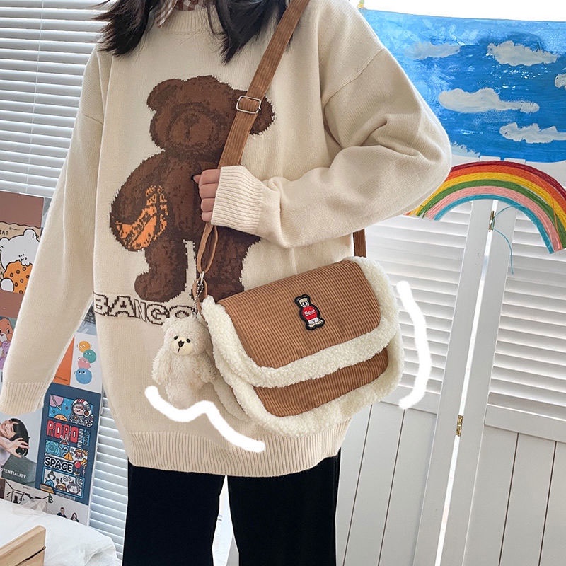 Túi Đeo Chéo Lông Cừu Mềm Mại Hình Chú Gấu Đỏ Đáng Yêu Cho Bé Gái