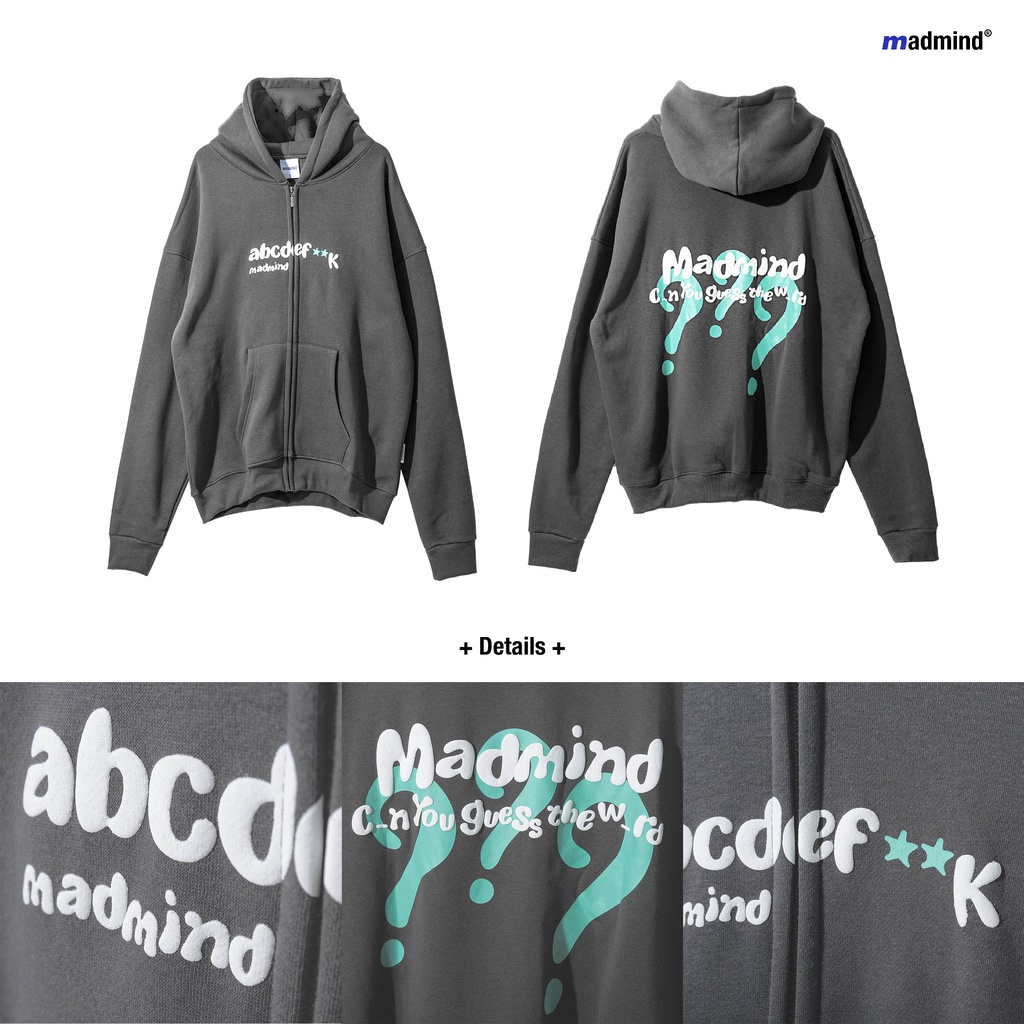 MADMIND® Chính Hãng - Áo Khoác abcdef Hoodie Zip Khóa Kéo Nỉ Bông Màu Đen / Xám / Trắng