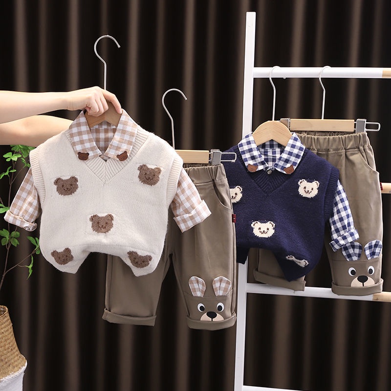 Bộ Áo Sơ Mi Dài Tay + Áo Khoác Ghi Lê Dệt Kim Thời Trang Xuân Thu Cho Bé Trai