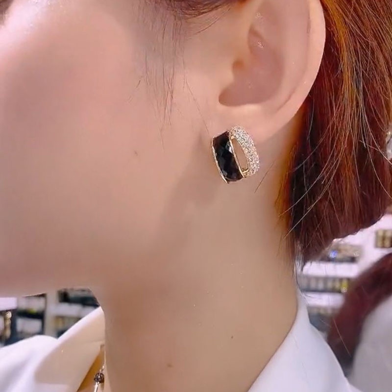 Bông Tai Mạ Bạc 2022 Đính Đá Zircon Màu Đen Dễ Phối Đồ Thời Trang Cho Nữ