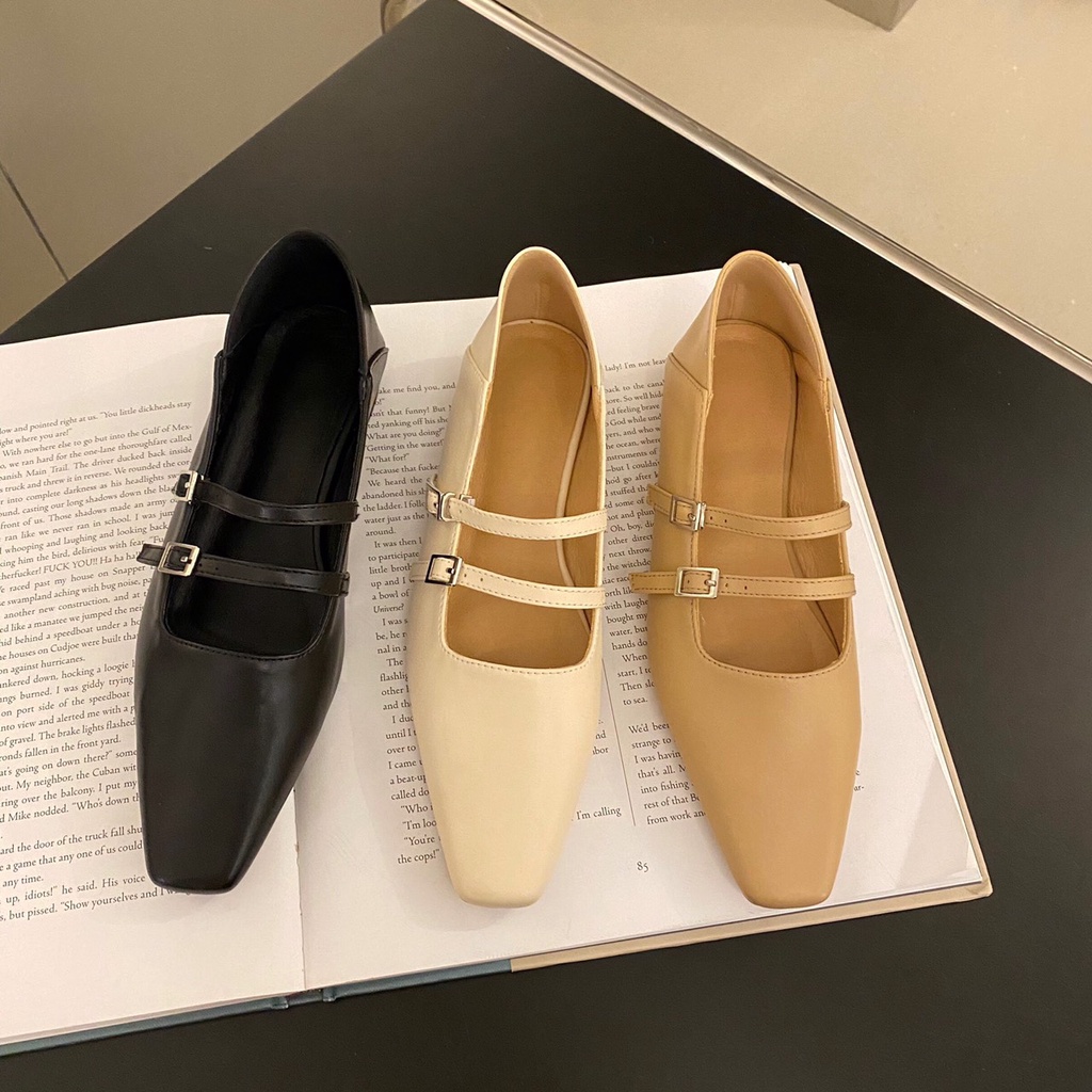 Giày bệt nữ mũi vuông hai quai ngang khóa thắt lưng