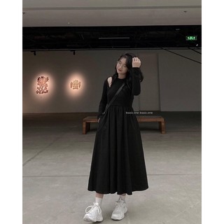 Váy xoè dáng dài, váy xoè dài tay Cut out ulzzang Bazic one
