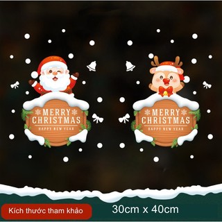 Decal trang trí Noel - Ông già Noel và chú nai cầm bảng Merry Christmas