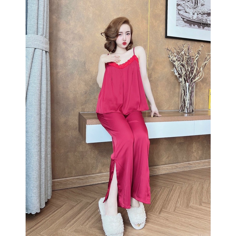 Đồ ngủ quần dài xẻ tà, chất vải lụa satin mềm mịn, mướt mát - CN26