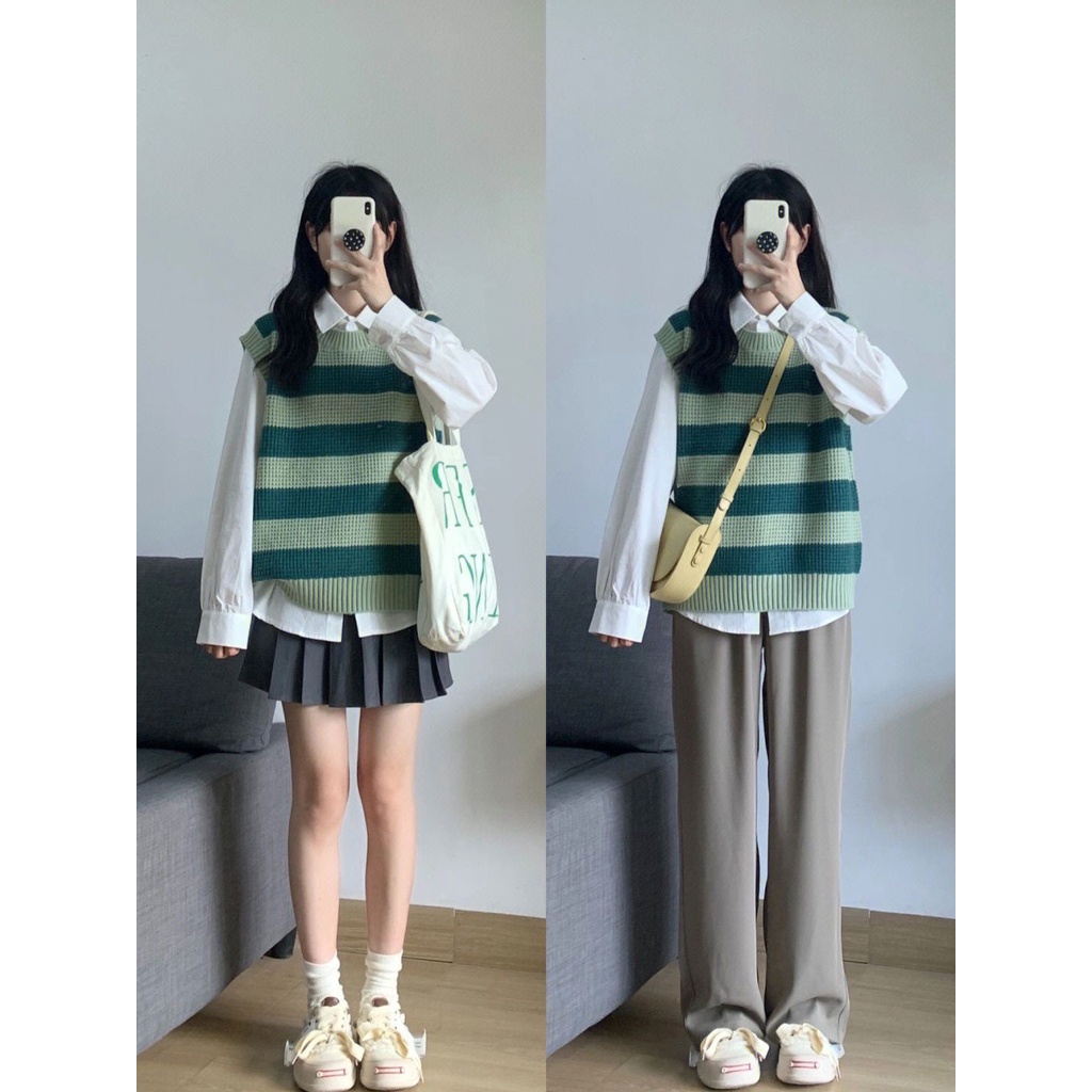Bộ Áo Khoác Sweater Dệt Kim Không Tay Phối Áo Sơ Mi / Áo Sơ Mi Kẻ Sọc Kiểu Dáng Ngọt Ngào