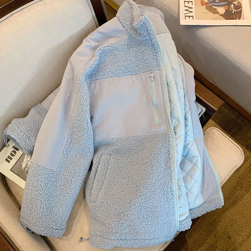 Áo Khoác Cardigan Cotton Lót Lông Cừu Dày Dặn Màu Xanh Sữa Phong Cách Hàn Quốc Thời Trang Mùa Đông Cho Cặp Đôi