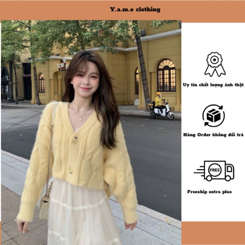 Áo len dệt kim cardigan khoác ngoài nữ dài tay cổ V màu vàng trắng hồng hàng quảng châu dày dặn loại 1