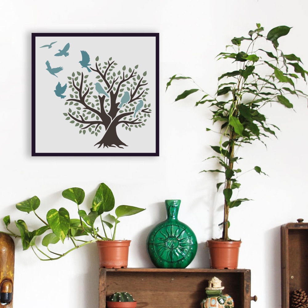 1 Tấm Khuôn Vẽ Tranh Hình Cây Sự Sống Và Chim 30x30cm DIY Có Thể Tái Sử Dụng