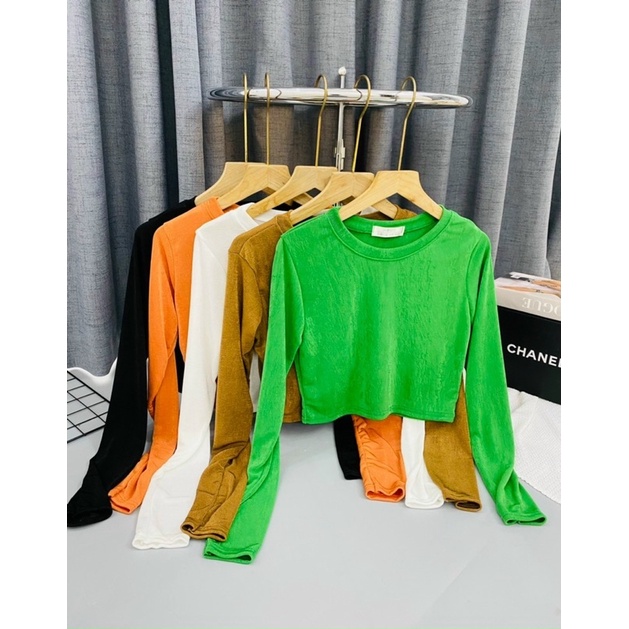 ÁO NHÚNG CROPTOP TRƠN CỔ TRÒN TAY DÀI FROM BASIC MS11368