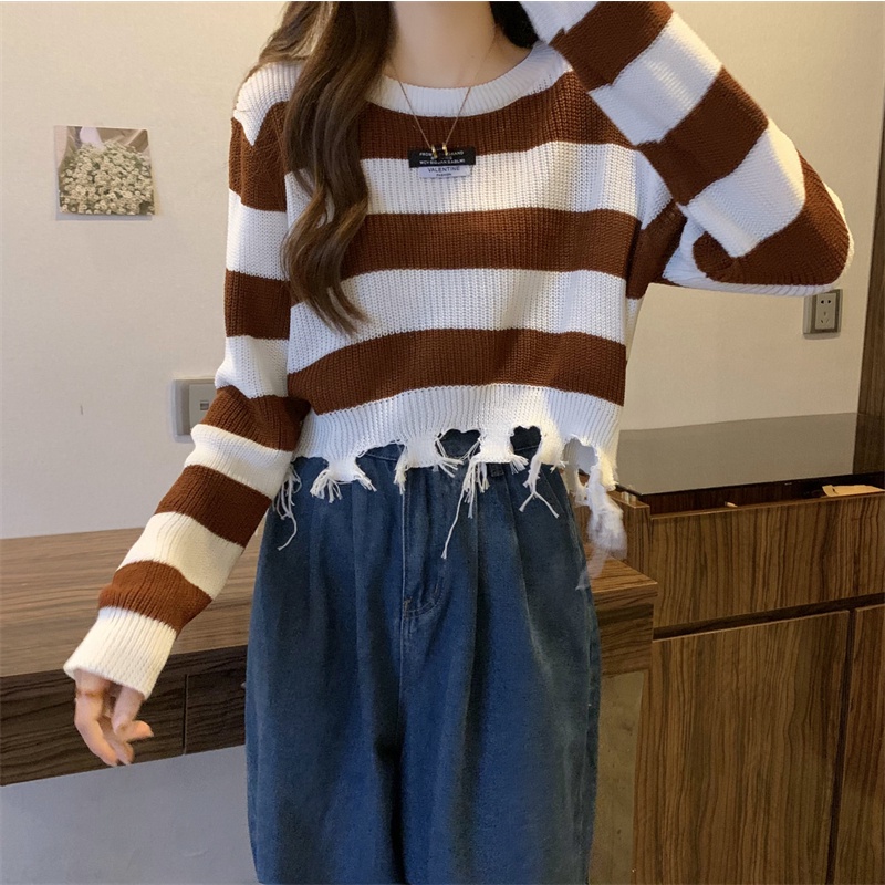 Áo sweater Cổ Tròn Họa Tiết Kẻ Sọc Thời Trang Thu Đông Cho Nữ