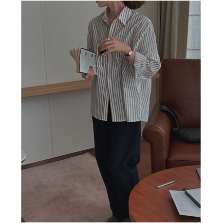 SUXI Áo sơ mi tay dài họa tiết kẻ sọc phong cách Hàn Quốc thời trang mùa thu dành cho nữ
