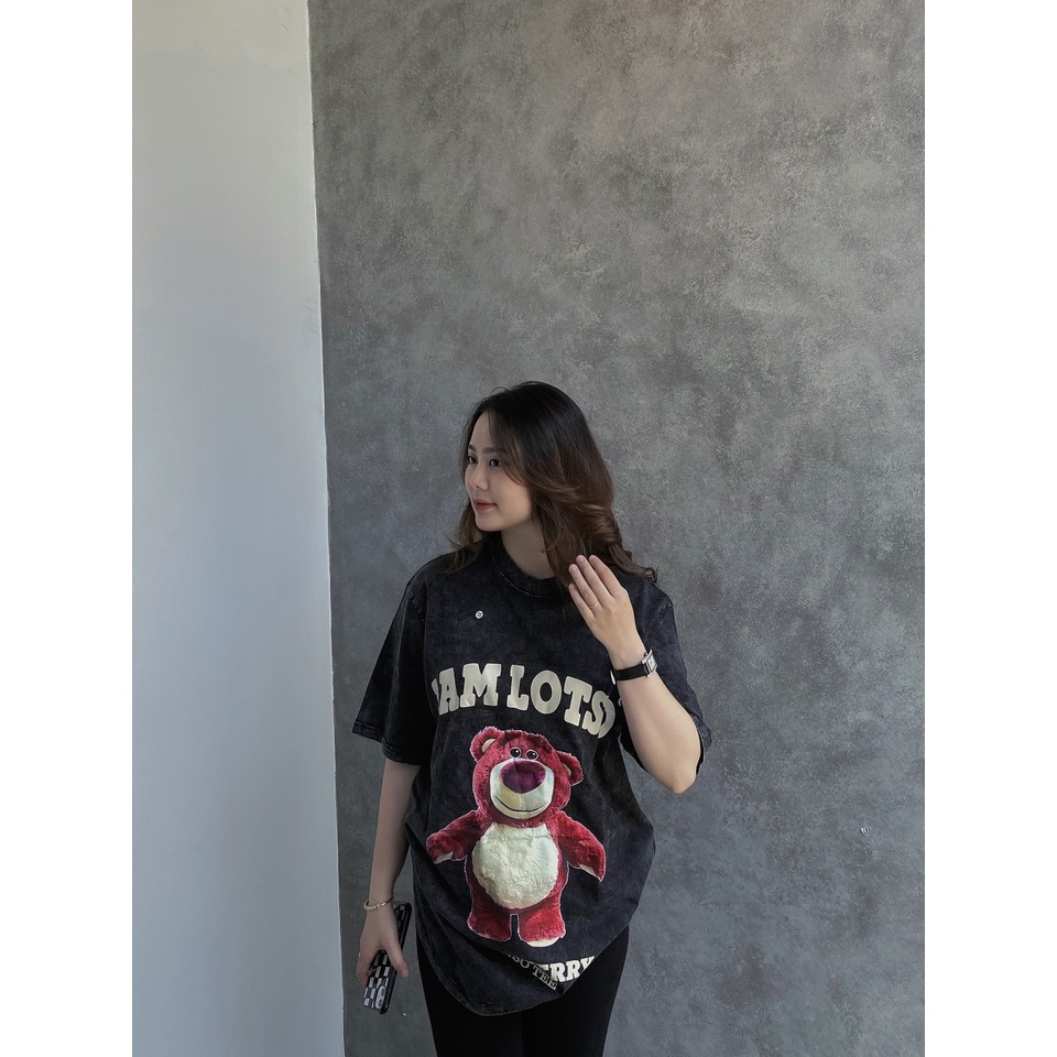 Áo Thun Tay Lỡ GẤU LOTSO Wash Xám Cao Cấp, áo phông unisex FREE SIZE Form rộng oversize, chất liệu Cotton - KKIMShop