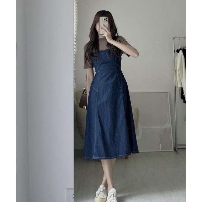 VÁY YẾM DENIM VIỀN CHỈ CHUN LƯNG STYLE ULZZANG 0403