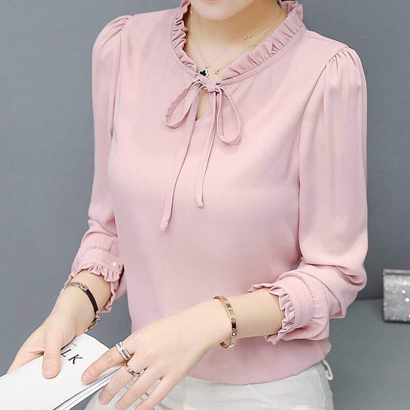 áo voan cổ trụ cột nơ hồng nhạt đồ si