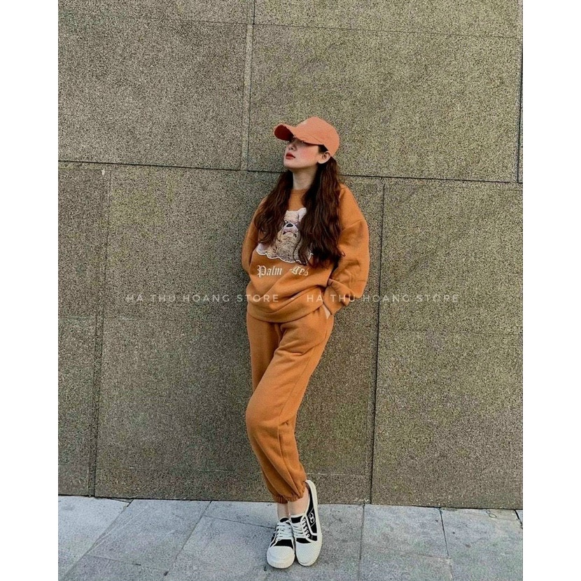 [11.11 Sae Freeship] Set bộ nỉ nữ quần dài; áo tay dài cổ tròn in hình gấu trẻ trung năng động