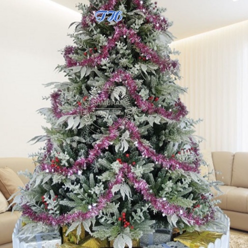 Cây thông noel 2m mẫu đầu nhọn 5 loại lá phủ tuyết gắn trái đỏ trang trí phòng ngủ, phòng khách mùa giáng sinh