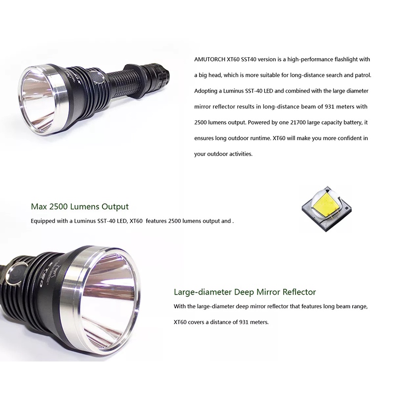 Đèn pin chiếu xa AMUTORCH XT60 độ sáng 2300 lumen chiếu xa 1386 mét ​​​​​​​LED LUMINUS SFT-40 pin sạc 21700 5000mAh