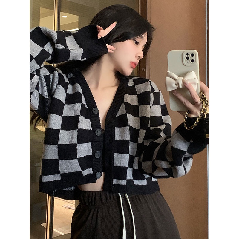 Áo Dệt Kim Tay Dài Cổ Chữ V Họa Tiết Kẻ Sọc Màu Tương Phản Thời Trang Hàn Quốc Cho Nữ