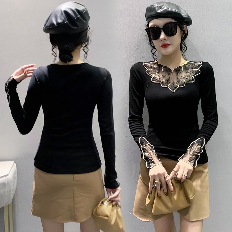 Áo Thun Lưới Tay Dài Thêu Họa Tiết Thời Trang Thu Đông Cho Nữ