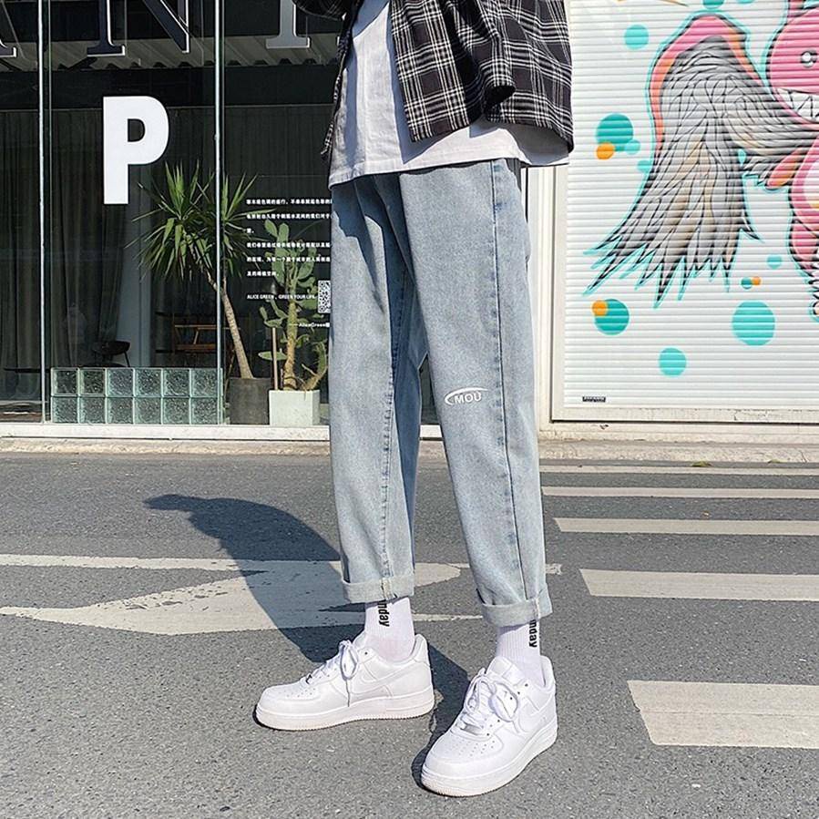 Chao Brand Hong Kong Style Jeans Men's Loose Korean Trend Straight Joker Casual Elastic Waist Nine-Point Wide Leg Pantsquần jean ống rộng nam
