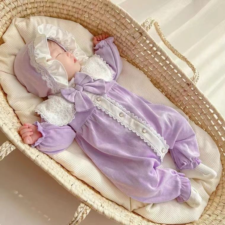 Áo Liền Quần Tay Dài Có Mũ Trùm Đầu Phong Cách Công Chúa Cho Bé Gái 0-24 Tháng Tuổi