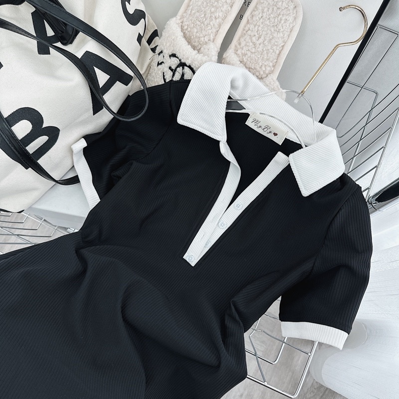 Váy polo body đen phối cổ viền trắng nút đầm nữ đi chơi HATI