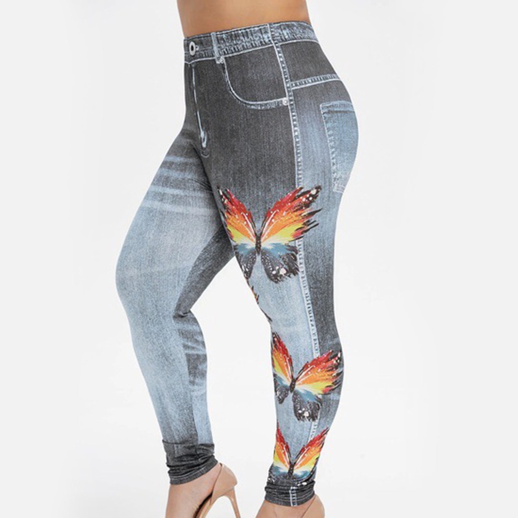 Ga-multi Quần Legging Giả Jean Có Túi In Hình Bướm Lưng Cao Co Giãn Tập Yoga Chạy Bộ