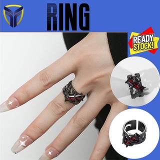 Nhẫn kim loại rỗng đính đá zircon đỏ thời trang cho nam nữ