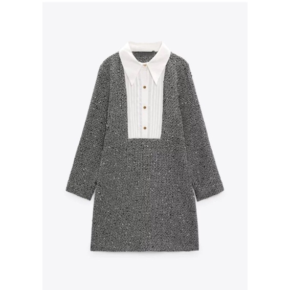 Váy dạ tweed dáng A phối cổ sơ mi Zara xuất